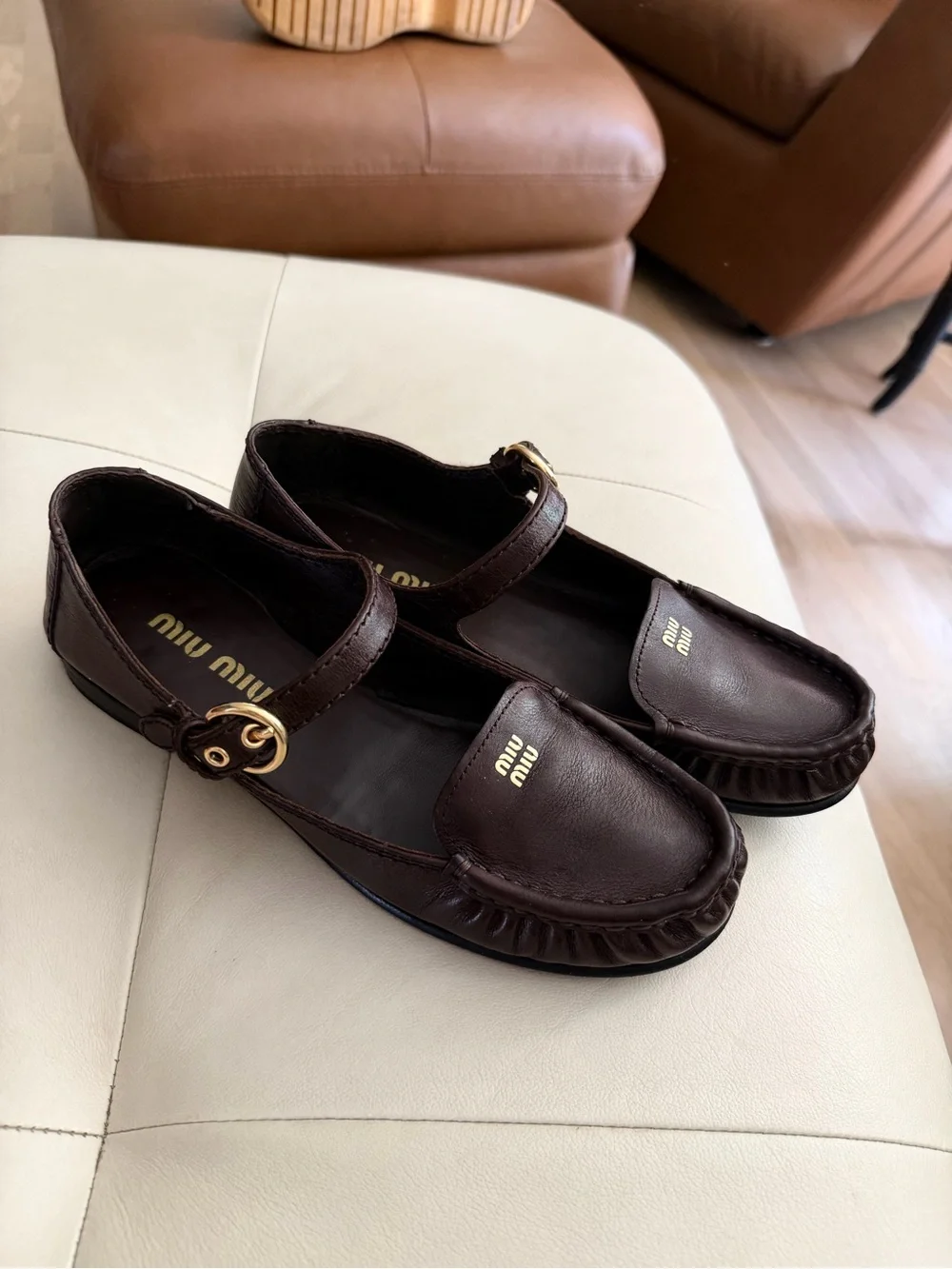 Miu Miu Dark Brown Leather Mary Jane Loafers with Gold Buckle